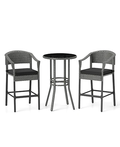 3-Piece Patio Rattan Bar Set with Tempered Glass Top for Backyard Poolside-Gray
