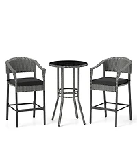 3-Piece Patio Rattan Bar Set with Tempered Glass Top for Backyard Poolside-Gray