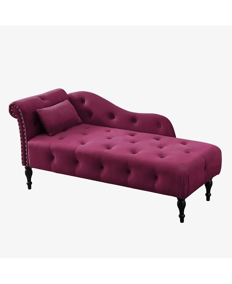 60 Inch Velvet Tufted Chaise Lounge with Nailhead Trim Solid Wood Legs and Pillow for Living Room Bedroom Reading or Relaxing-The Pop Home