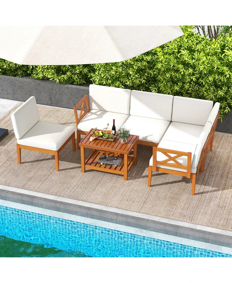 6 Pieces Acacia Wood Patio Furniture Set with Cushions and 2-Tier Coffee Table-White