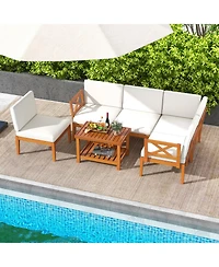 6 Pieces Acacia Wood Patio Furniture Set with Cushions and 2-Tier Coffee Table-White