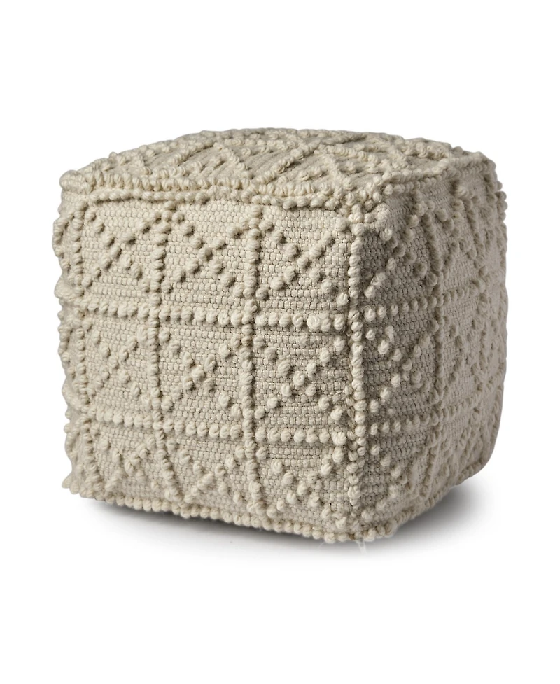 Ivory Wool Sqaure Pouf With Popcorn Detail