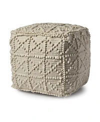 Ivory Wool Sqaure Pouf With Popcorn Detail