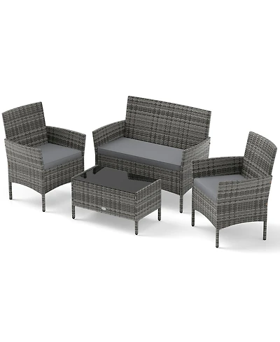 4 Piece Patio Rattan Conversation Set with Cozy Seat Cushions-Light Gray