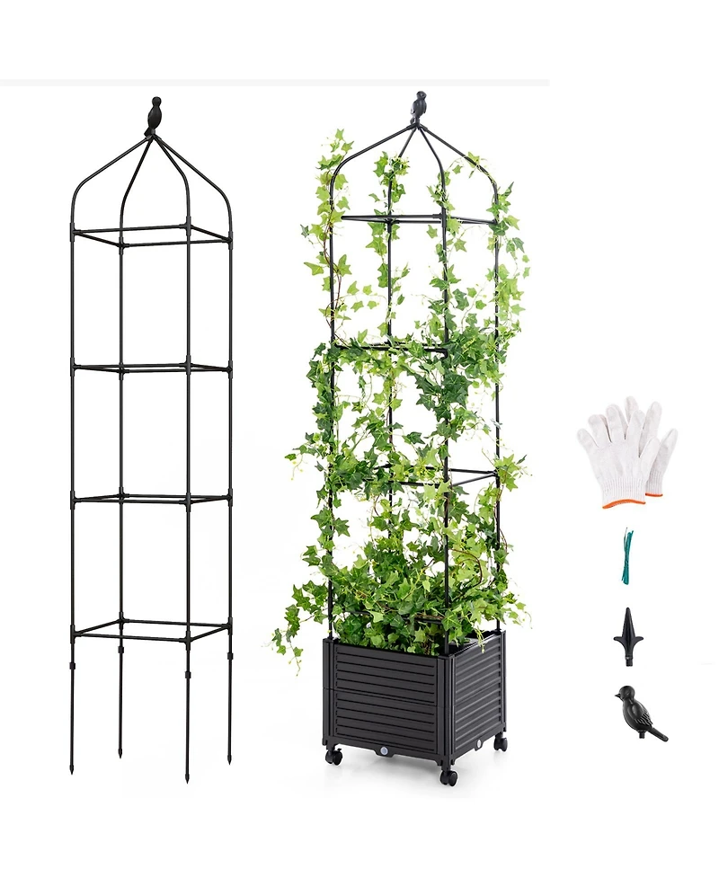 Indoor Outdoor Raised Garden Bed with Trellis and Self-Drainage and Wheels-Black