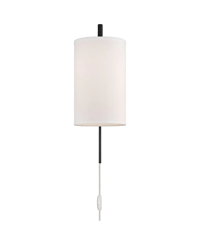Possini Euro Design Bixby Modern Wall Lamps Set of 2 Black Metal Plug-in 8" Light Fixture White Fabric Drum Shade for Bedroom Reading Living Room