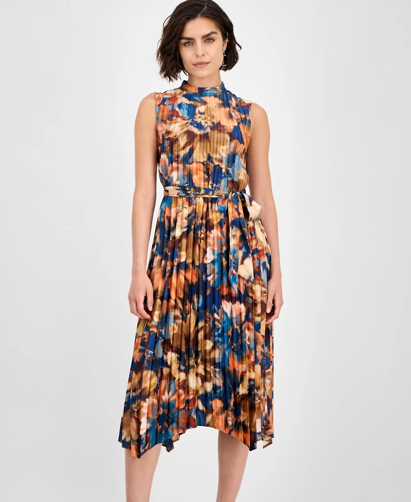 Tahari Asl Women's Printed Pleated Sleeveless Midi Dress