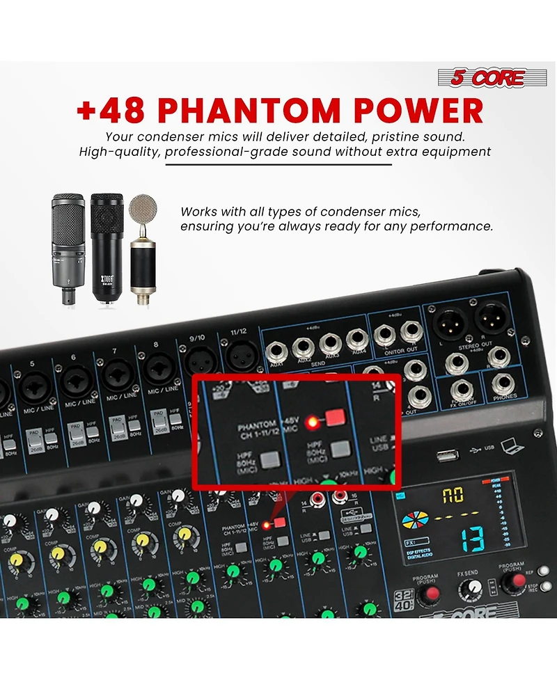 5 Core Audio Dj Mixer 16 Channel Sound Board Console w Spx Effect 48V Phantom Power Mx 16CH Xu