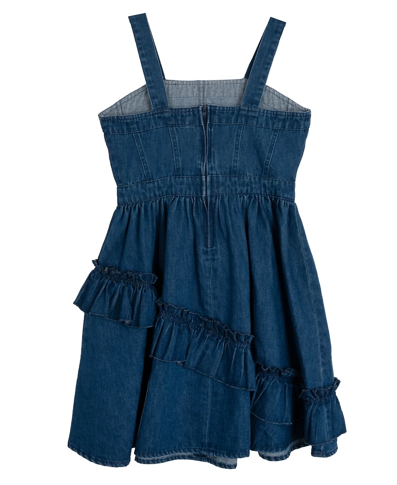 Rare Editions Big Girls Denim Ruffle With Asymmetrical Skirt Dress