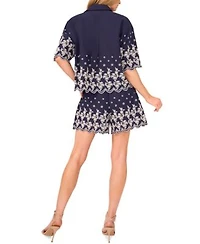Cece Womens Contrast Embroidered Cotton Collared Shirt Embroidered Scalloped Hem Cotton Shorts