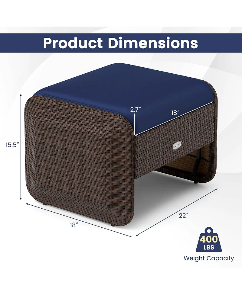 2 Pieces Outdoor Patio Pe Wicker Ottomans with Removable Cushions