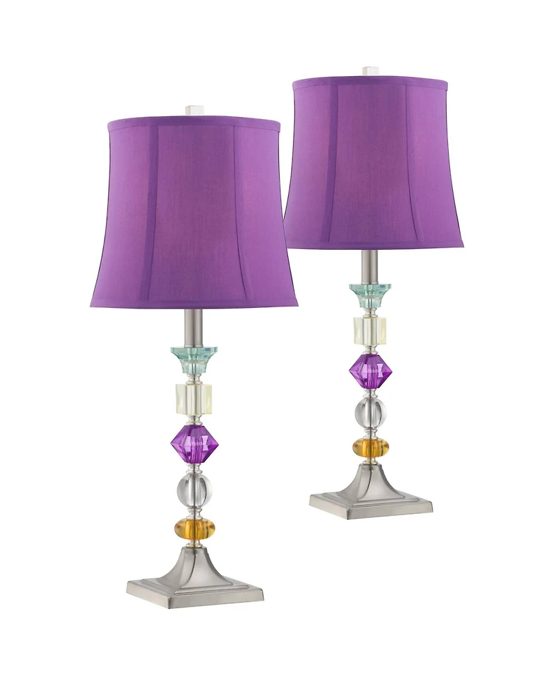 Bijoux Modern Chic Bohemian Table Lamps 25.5" High Set of 2 Brushed Nickel Multi Colored Stacked Acrylic Gem Purple Drum Shade for Kids Girls Roo