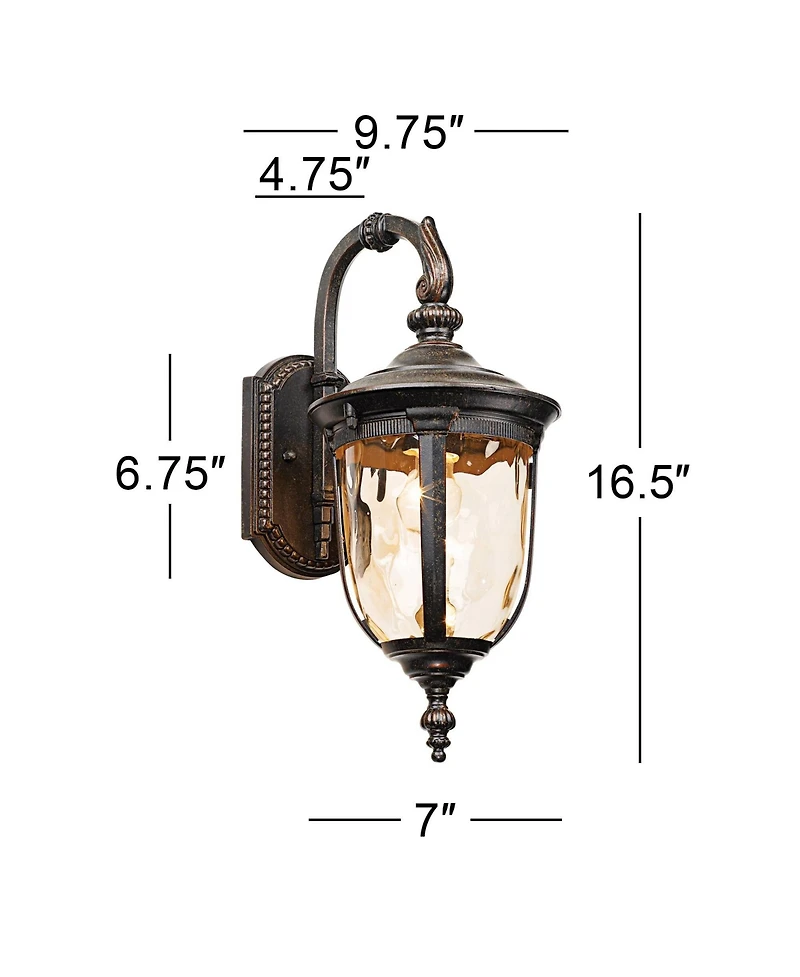 John Timberland Bellagio Vintage Outdoor Wall Light Fixtures Set of 2 Veranda Bronze Downbridge 16 1/2" Champagne Hammered Glass for Post Exterio