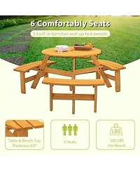 6-Person Natural Circular Wood Outdoor Picnic Table Seats 6 People with 3 Built-in Benches and Umbrella Hole