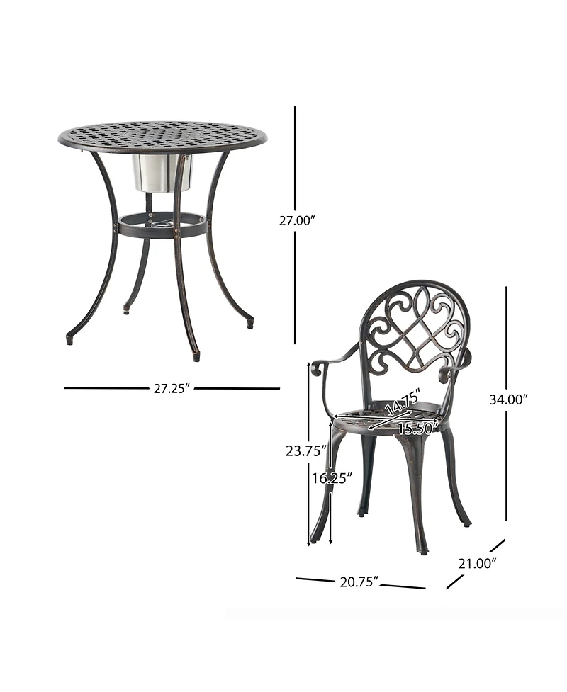 Antique Weather Resistant 3-Piece Patio Metal Bistro Set with Removable Ice Bucket Cast