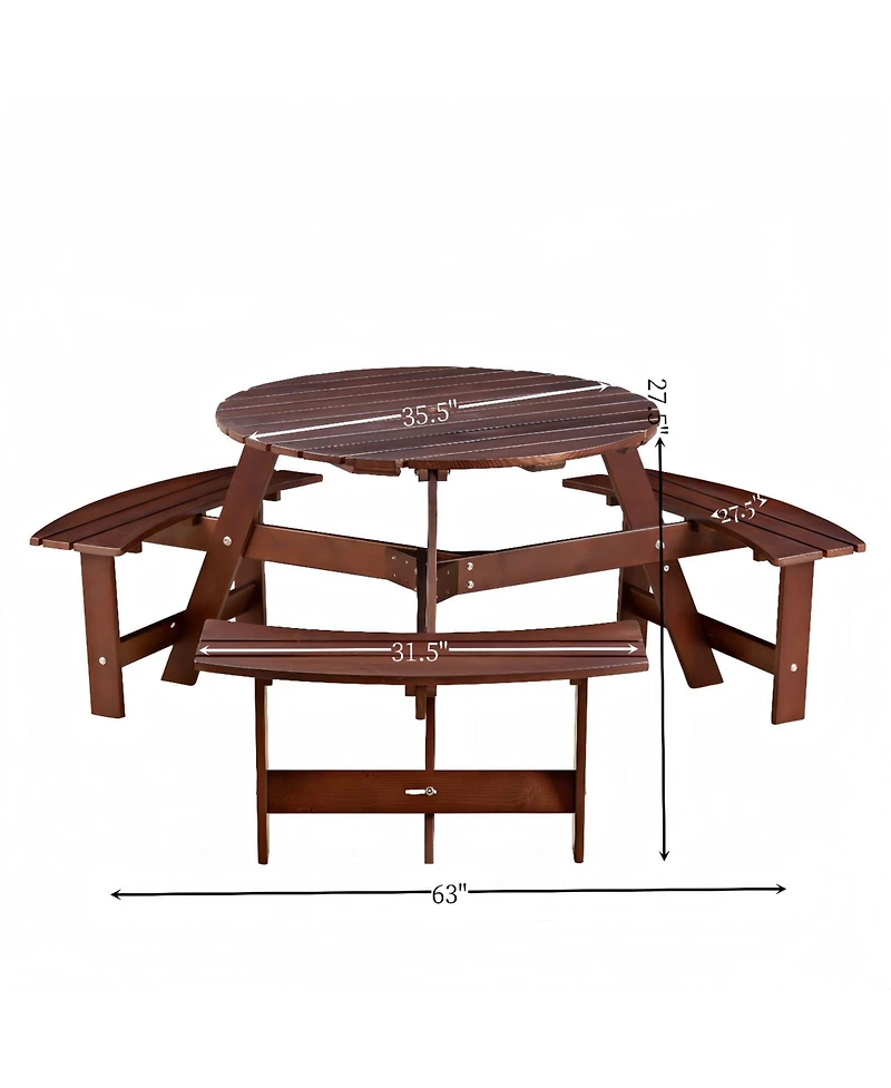63 in. Brown Round Wood Picnic Table Seats 6 with Umbrella Hole