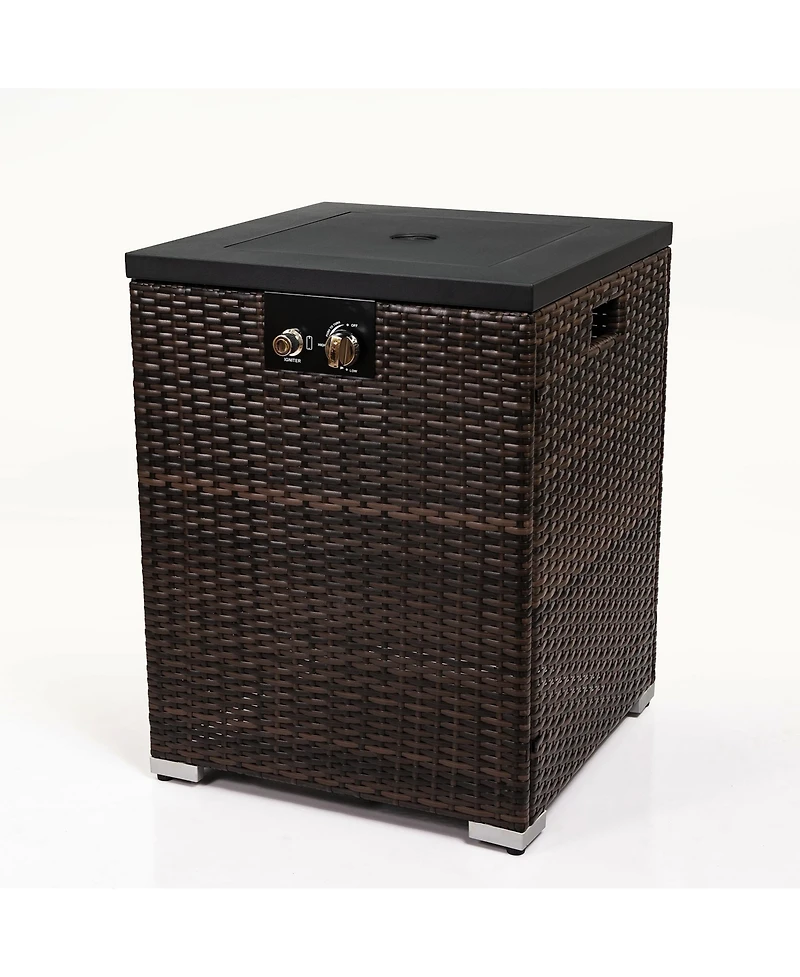Dark Brown Column Wicker 28.70 in. Fire Pit Table with Glass Wind Guard, 40000BTU