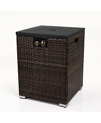Dark Brown Column Wicker 28.70 in. Fire Pit Table with Glass Wind Guard, 40000BTU