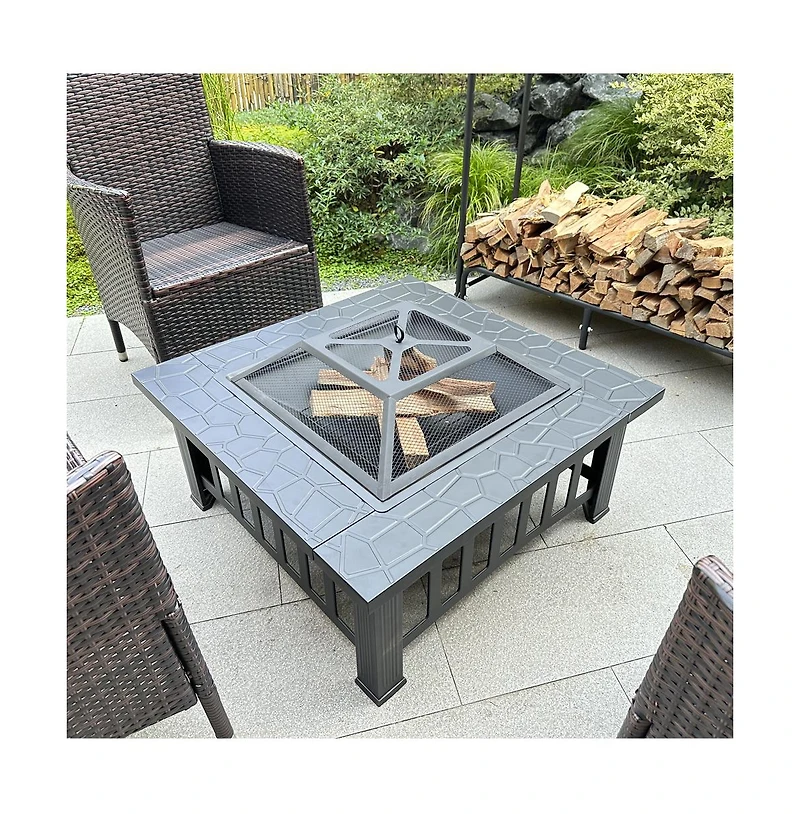 32 in. Outside Portable Metal Wood Burning Fire Pit Square Fire Pits and Outdoor Fireplaces for Patio, Camping