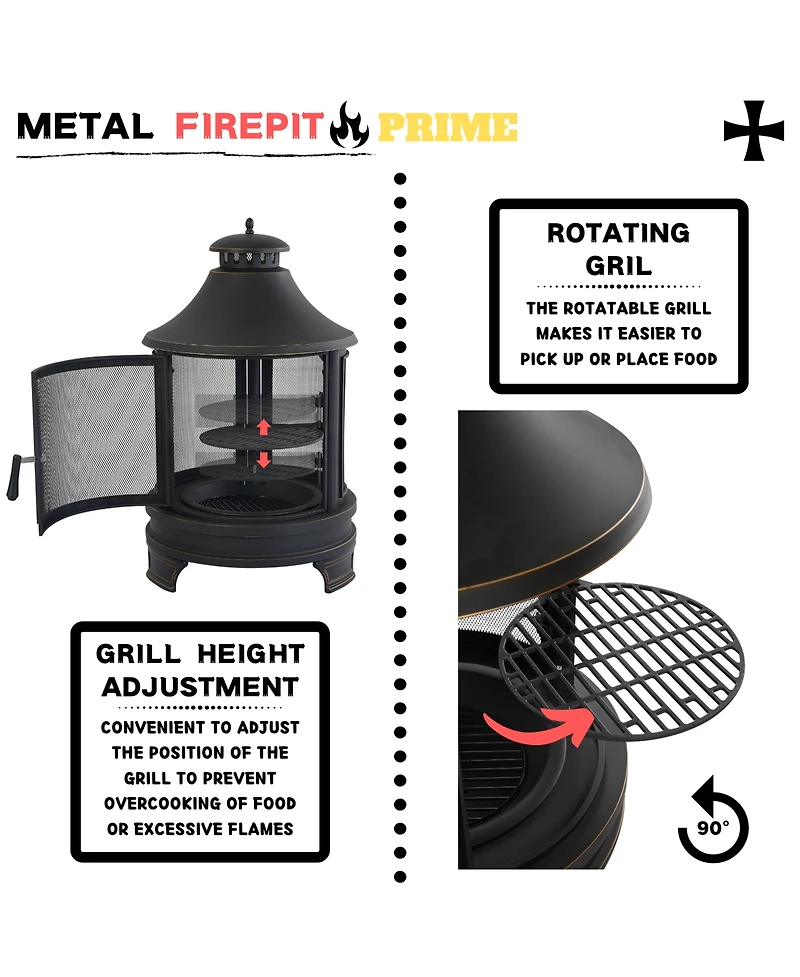 Metal Outdoor Garden 2-in-1 Heating Stove Fireplace Fire Pit with Rotatable and Removable Cooking Stove Rack