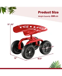 Garden Rolling Workseat with 360° Swivel Seat and Adjustable Height-Red