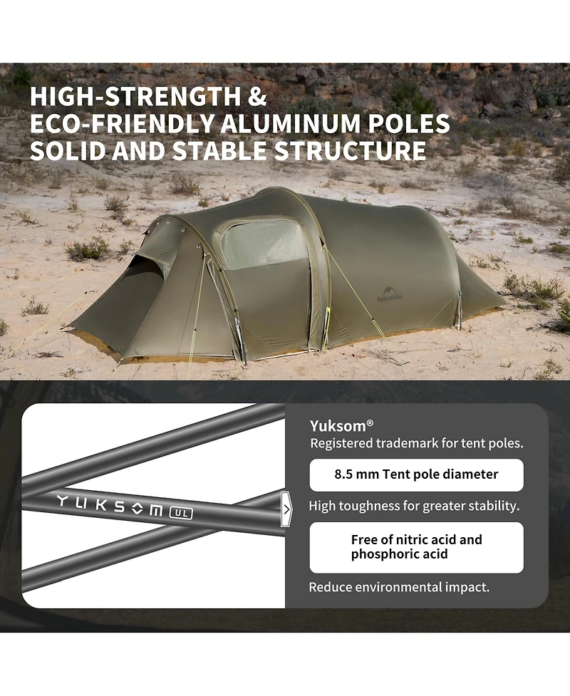 Naturehike Opalus 3 Person Tunnel Tent, Lightweight Backpacking Tent with Vestibule, Double Wall 4 Season Tents for Camping