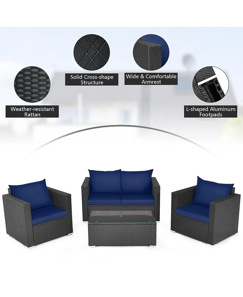 4 Pieces Patio Rattan Conversation Set with Padded Cushions