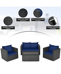 4 Pieces Patio Rattan Conversation Set with Padded Cushions