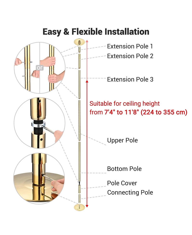 Yescom 11 Ft Spinning Static Dancing Pole Kit w/ Extensions Fitness Dance Exercise Gold