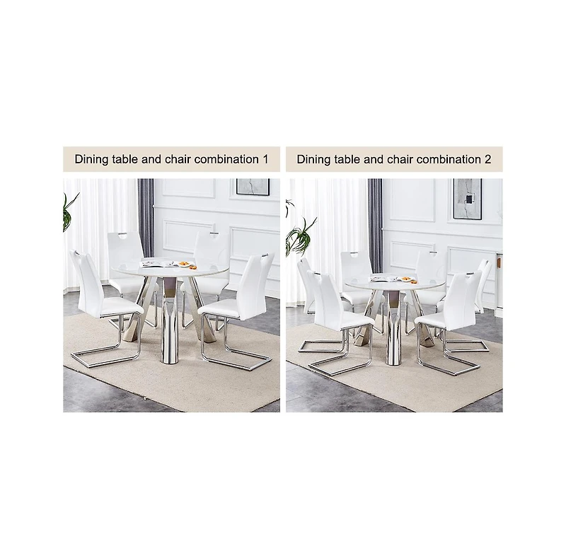 Streamdale 42" Round Sintered Stone Table & 6 White/Silver Chairs