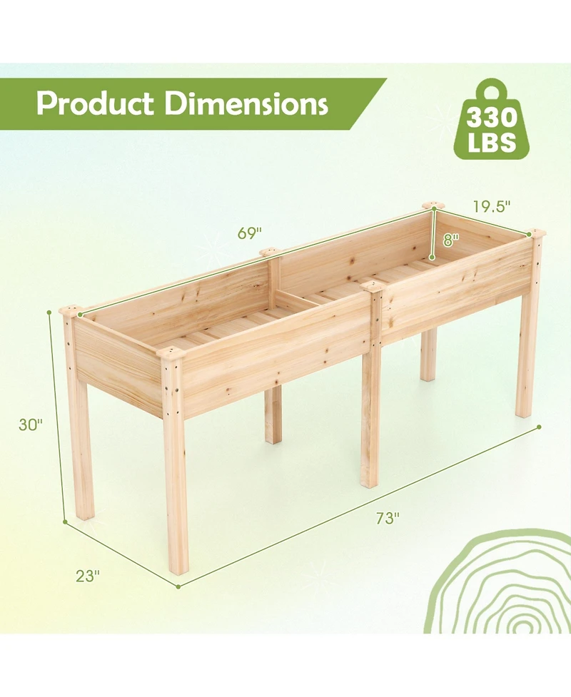 Fir Wood Outdoor Raised Garden Bed with Divider Panel and Drainage Holes