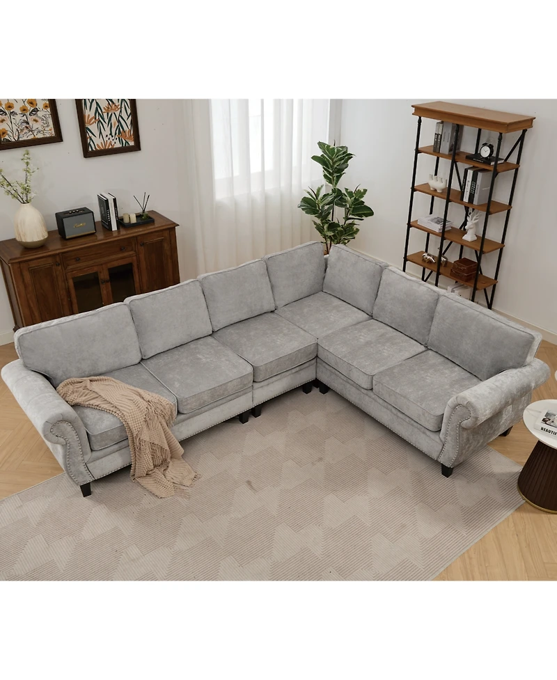 Streamdale 109.5" Light Gray Chenille Sectional Sofa, Rivets & Rolled Arms