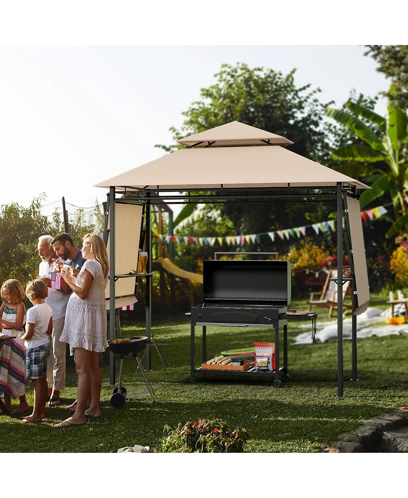 13.5 x 4 Feet Patio Bbq Grill Gazebo Canopy with Dual Side Awnings-Beige