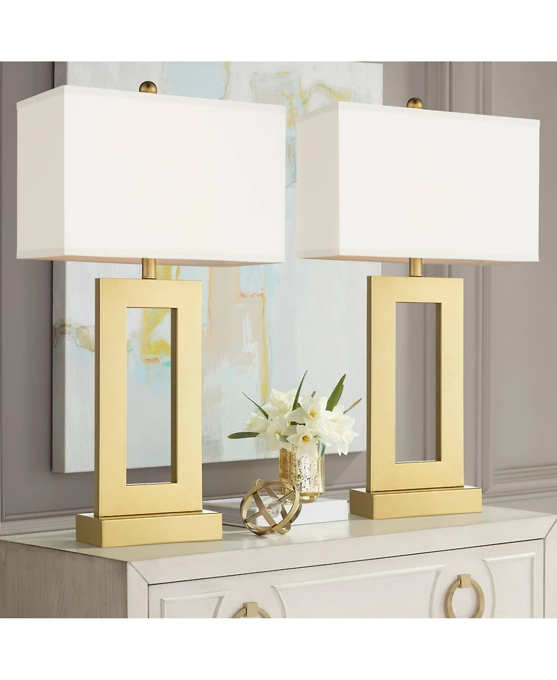 360 Lighting Marshall 30" Tall Open Rectangle Large Modern Luxe End Table Lamps Set of 2 Gold Finish Metal Living Room Bedroom