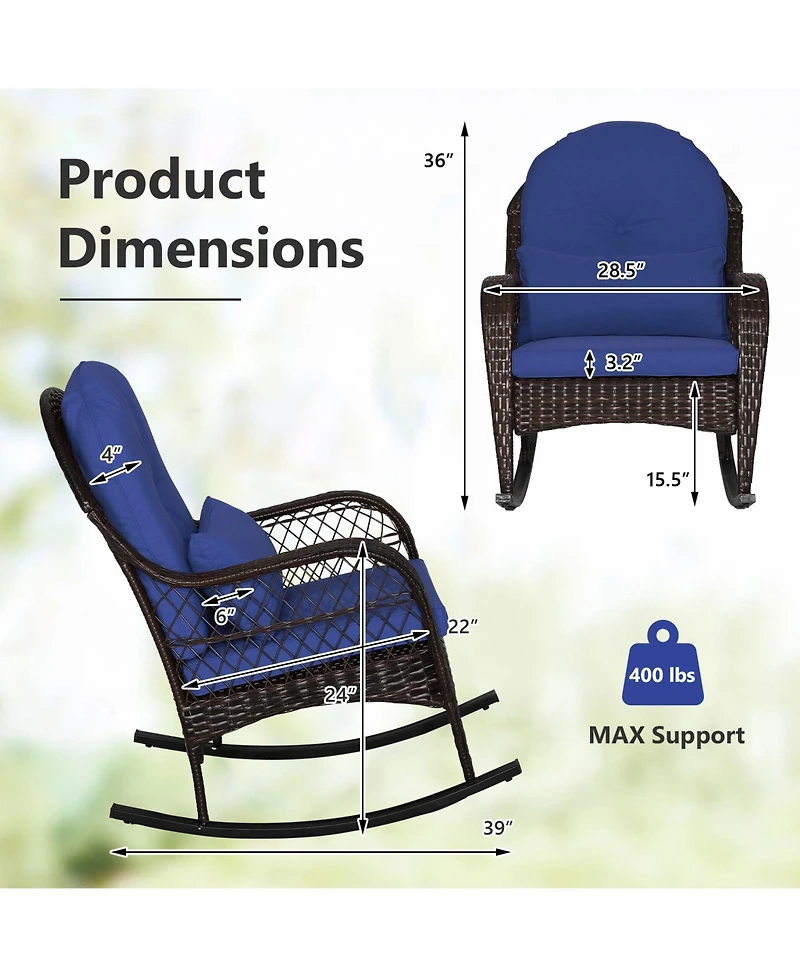 Patio Rattan Rocking Chair with Seat Back Cushions and Waist Pillow-Navy