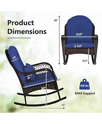 Patio Rattan Rocking Chair with Seat Back Cushions and Waist Pillow-Navy