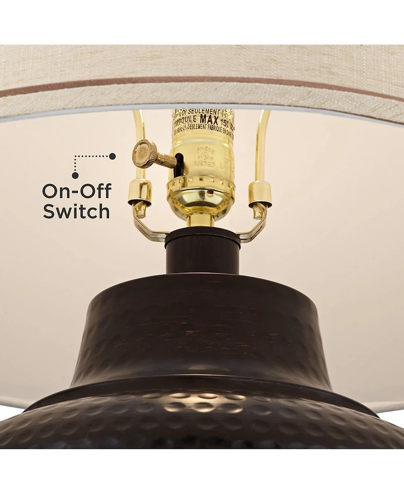 Brighton Rustic Traditional Farmhouse Table Lamps 27.25" Tall Set of 2 Hammered Bronze Metal Pot Beige Fabric Drum Shade for Living Room Bedroom