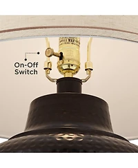 Brighton Rustic Traditional Farmhouse Table Lamps 27.25" Tall Set of 2 Hammered Bronze Metal Pot Beige Fabric Drum Shade for Living Room Bedroom