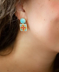 Barse Talavera Tile Blue Turquoise Golden Drop Earrings