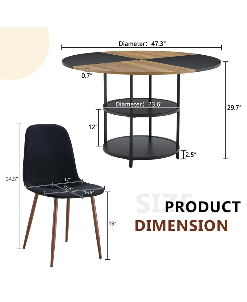 Streamdale 47" Round Dining Table Set with 4 Black Chairs & Storage