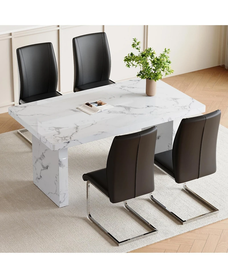 White Marble Table & 4 Black Pu Chairs - Silver Legs