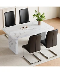 White Marble Table & 4 Black Pu Chairs - Silver Legs
