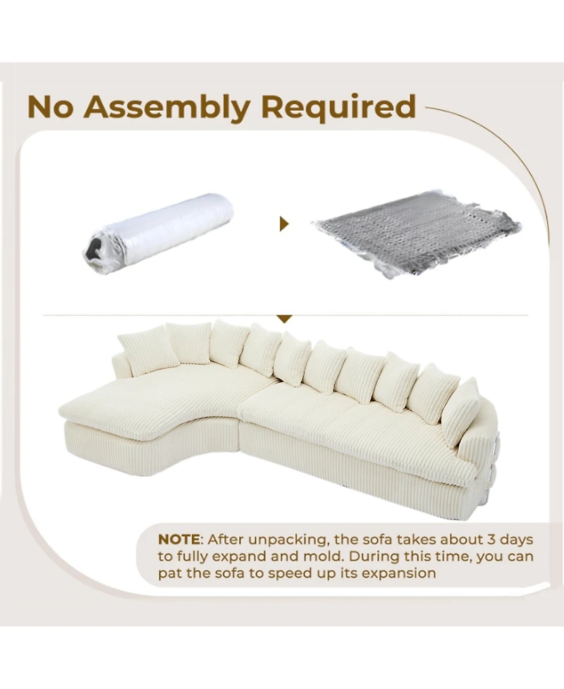Streamdale 127" Large Beige Corduroy Sectional Sofa - Curved Design, High-Resilience Foam