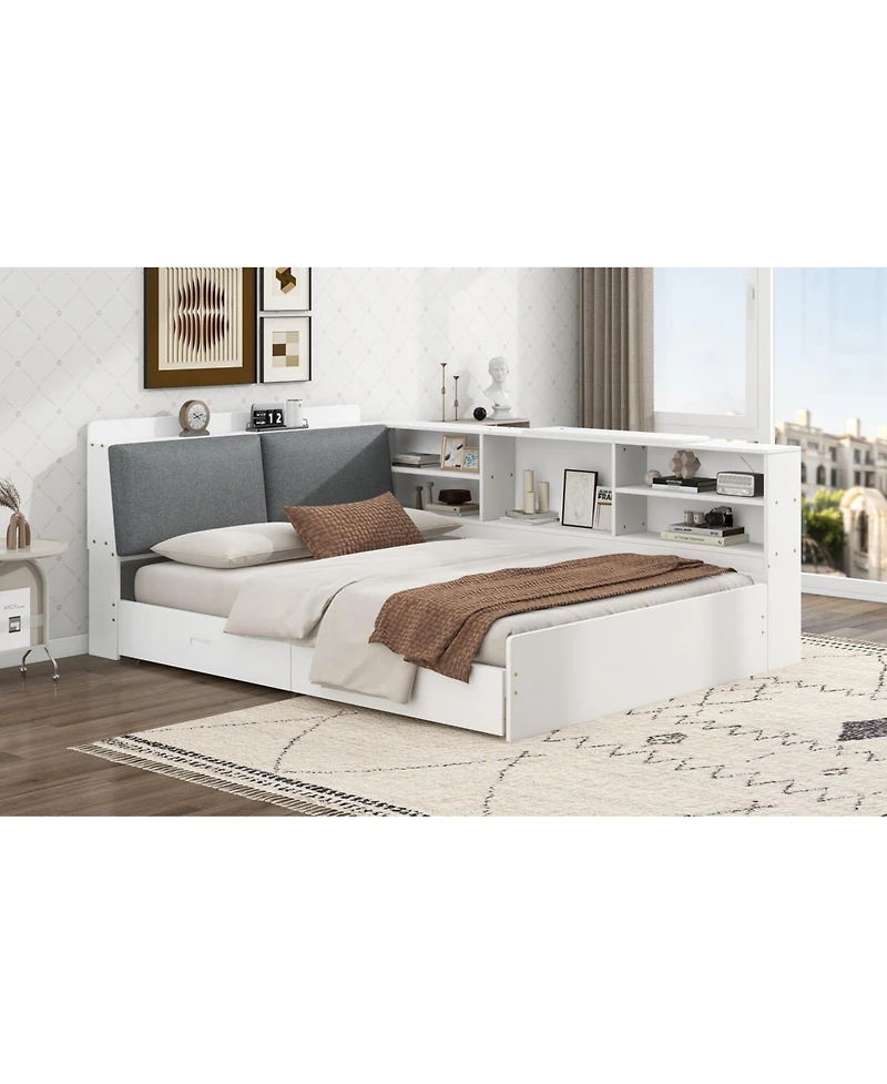 Wood Full Size platform bed with Storage Headboard, Shelves and 2 Drawers, White
