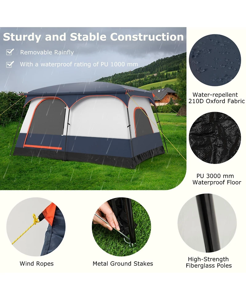 6-8 Person Camping Tent with Double Rooms and 2 Doors-Navy