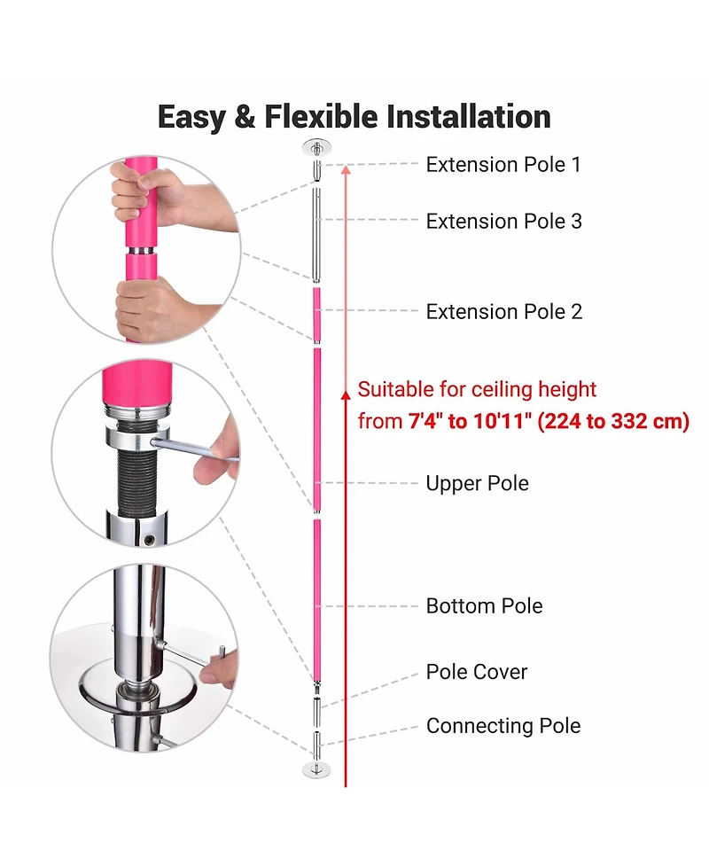 Yescom 10.9 Ft Static Spinning Dancing Pole Kit 45mm Silicone Party Club Exercise Pink