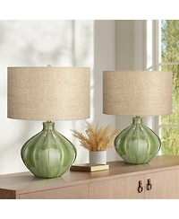 360 Lighting Gordy Modern Accent Table Lamps 20 1/2" High Set of 2 Ribbed Green Ceramic Oatmeal Fabric Drum Shade for Bedroom Living Room Nightst