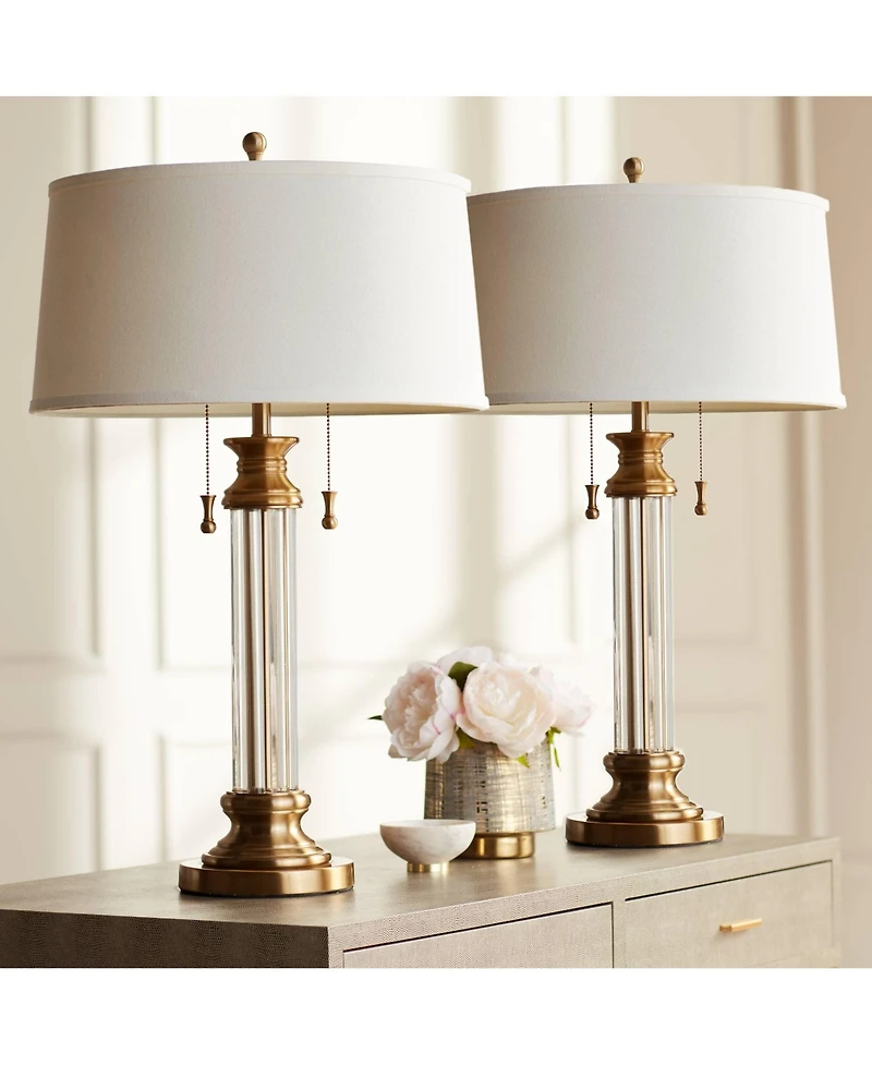 Vienna Full Spectrum Rolland Traditional Table Lamps 30" Tall Set of 2 Antique Brass Crystal Off White Drum Shade for Bedroom Living Room Nightst