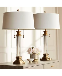 Vienna Full Spectrum Rolland Traditional Table Lamps 30" Tall Set of 2 Antique Brass Crystal Off White Drum Shade for Bedroom Living Room Nightst