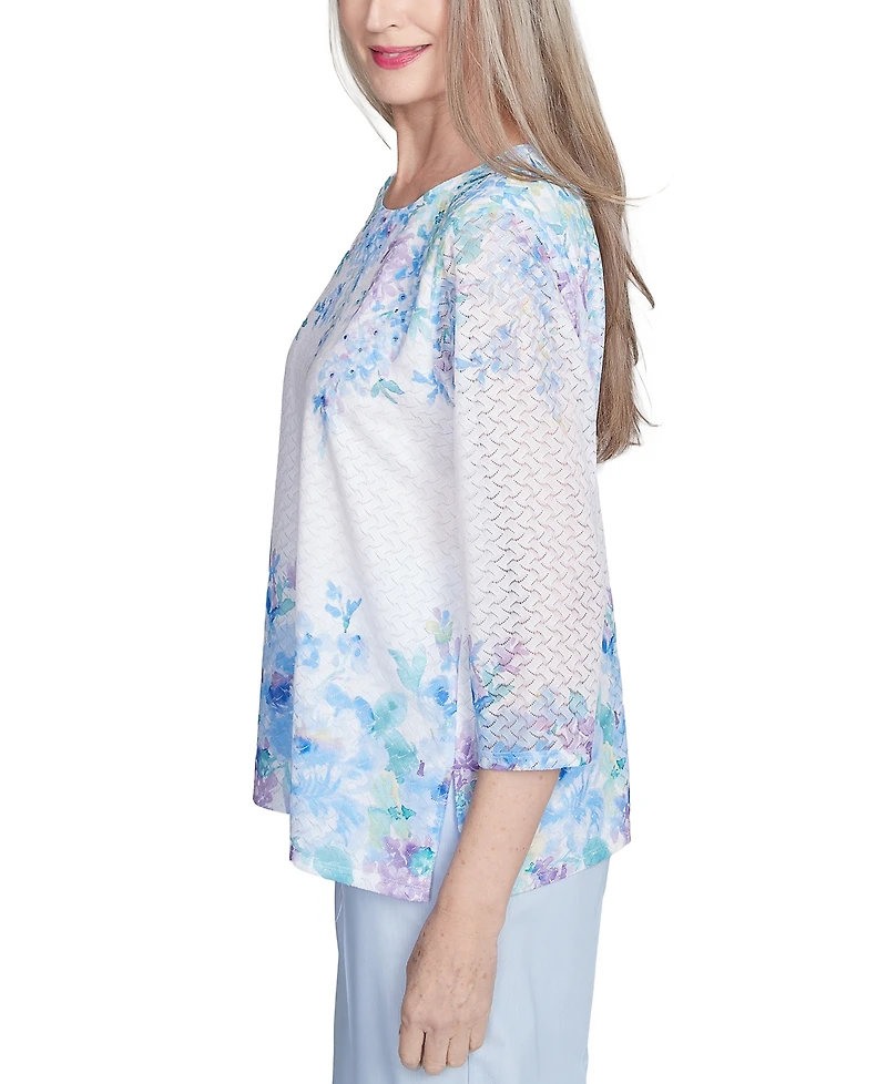 Alfred Dunner Petite Placed-Floral 3/4-Sleeve Top
